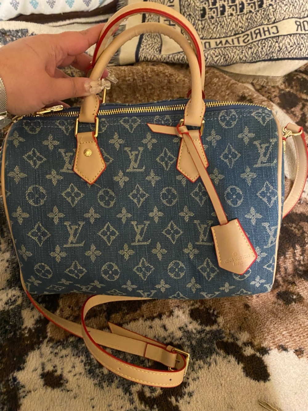 Louis Vuitton Denim Monogram Satchel with Natural Leather Trim and Red Edge